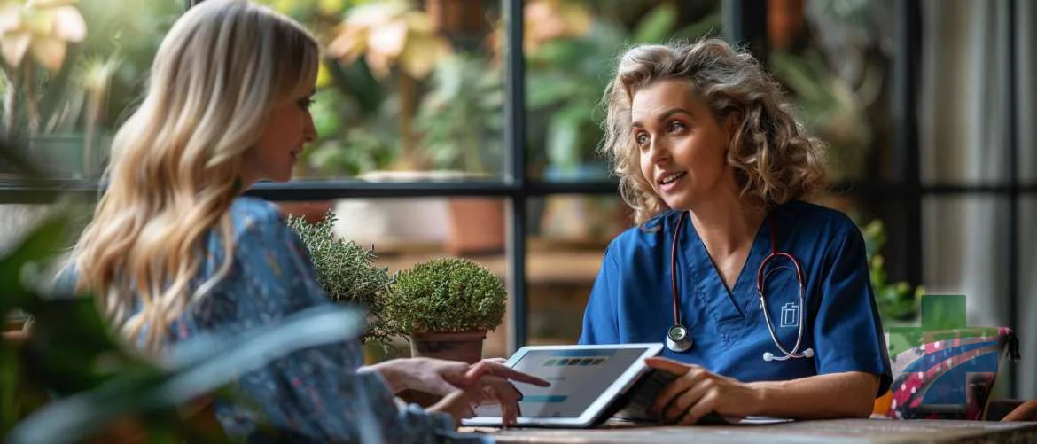 Travel nurse assisting an elderly woman with telehealth technology.