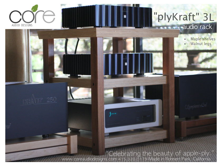 CORE AUDIO DESIGNS "plyKraft" 4L audio rack African Zebra wood shelves and legs