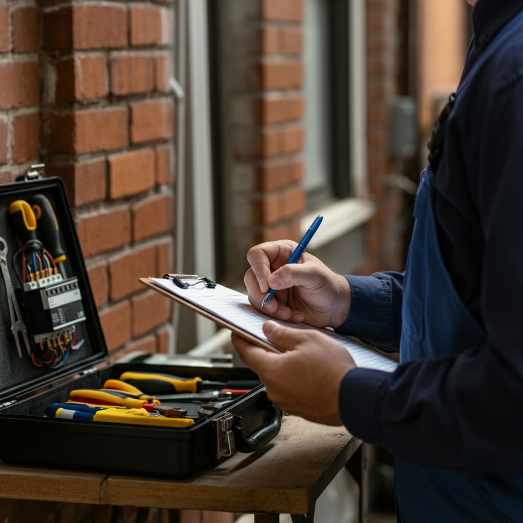 A close-up of a professional home inspector in Metro Chicago examining the electrical panel of a brick two-flat, making notes on a clipboard. Tools and inspection equipment are visible in a case nearby, with natural light illuminating the workspace.