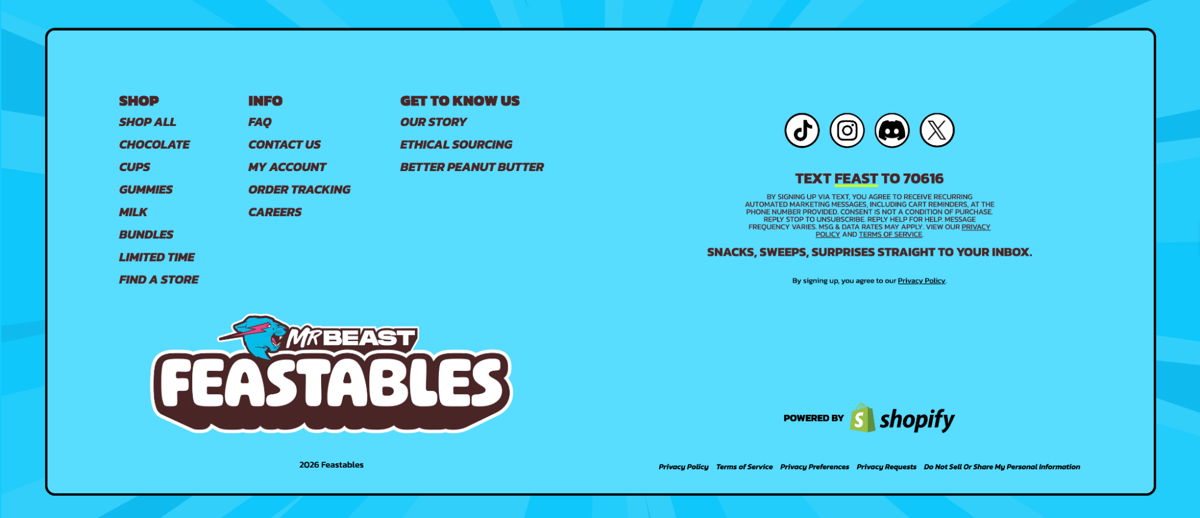 Screenshot of Feastables , from the website footer designs collection.