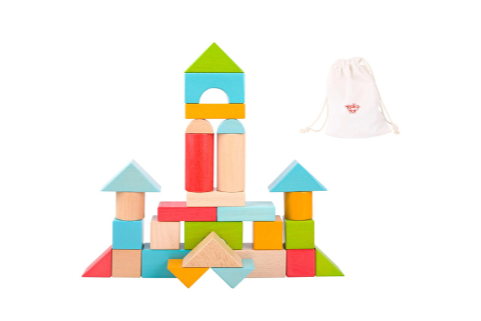 Wooden building puzzle blocks qty 28 pieces in tray for toddlers with carry bag logo