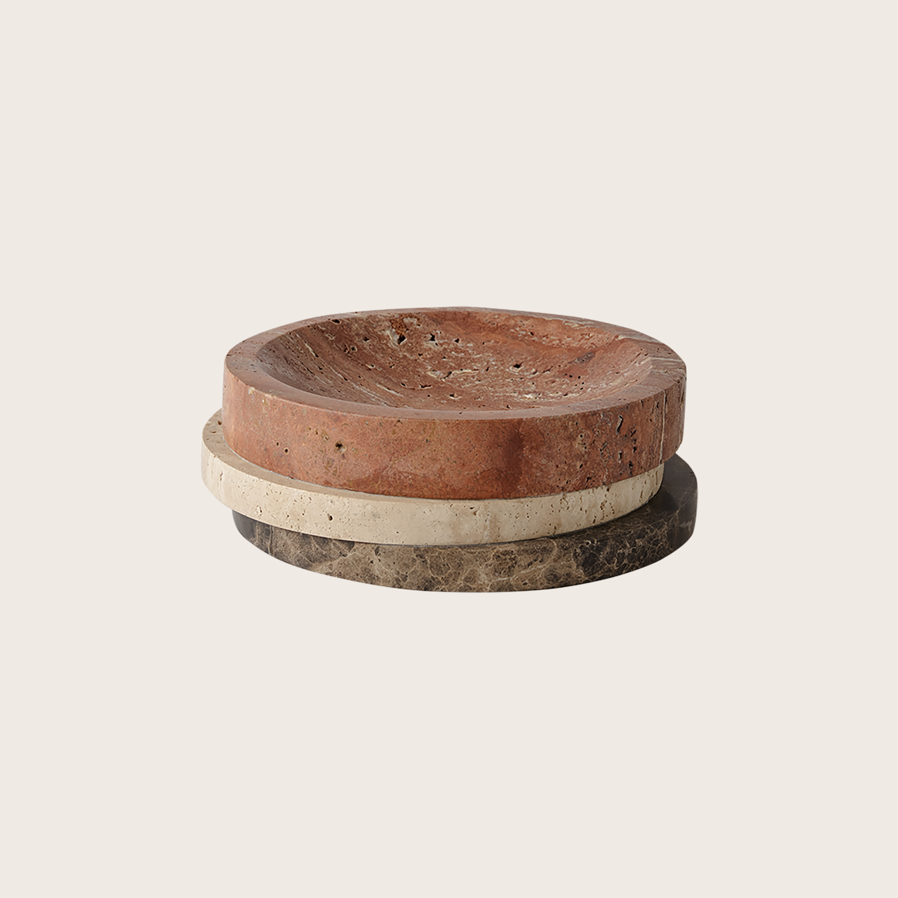 Greg Natale Pila Bowl Red Travertine, Travertine & Emperador – A round stone bowl combining red travertine and dark Emperador marble with a polished finish.