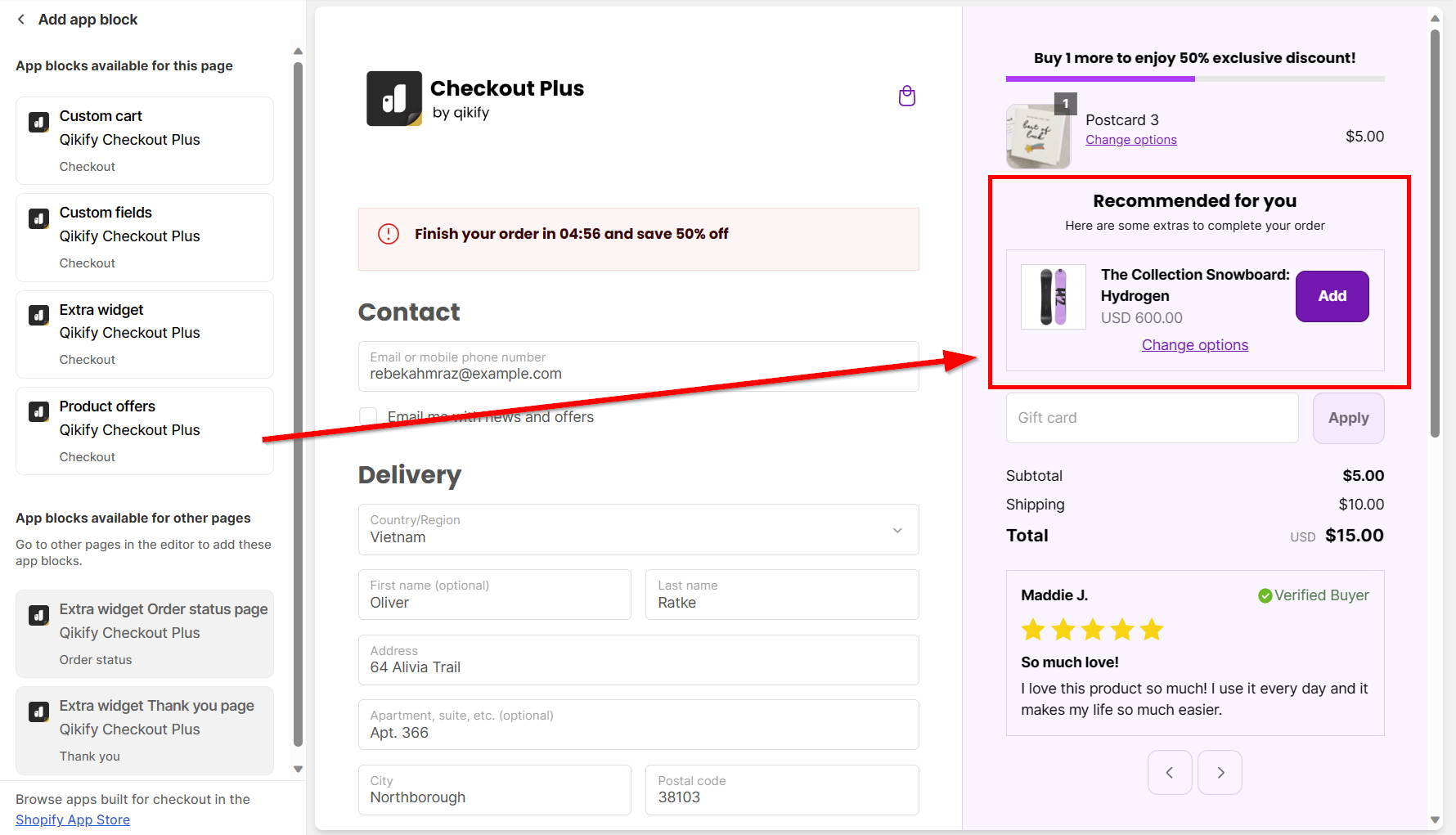 add reviews for testimonials extension in checkout page - shopify checkout customization app