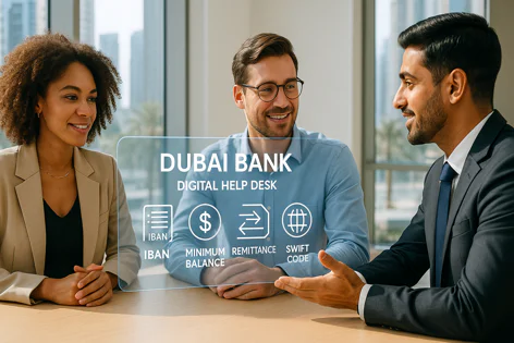 Three business people in a meeting discussing banking services with a digital help desk interface overlay showing options like IBAN, minimum balance, and remittance.