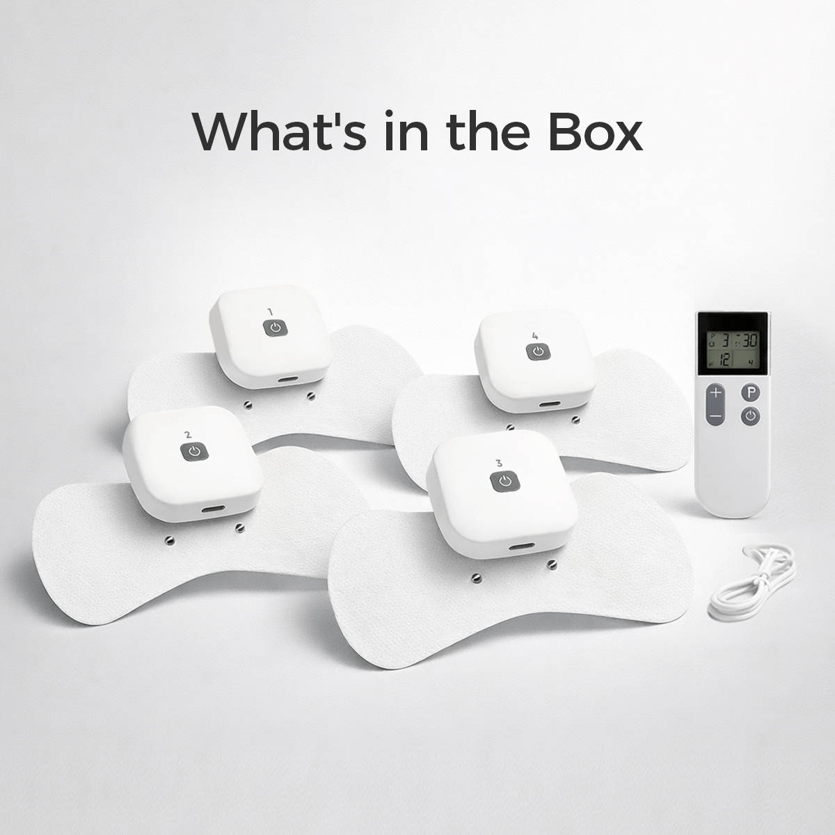 مجموعة كاملة من أجهزة Wellue للعلاج بالتحفيز الكهربائي للأعصاب عبر الجلد (TENS) بدون أسلاك، تتضمن أربع وحدات لاسلكية، وأقطاب كهربائية قابلة لإعادة الاستخدام، وجهاز تحكم عن بعد محمول باليد، وكابل شحن USB-C، ودليل المستخدم.