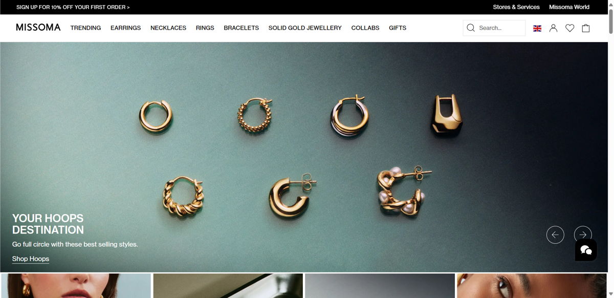 Screenshot of Missoma, from the shopify jewelry stores collection.