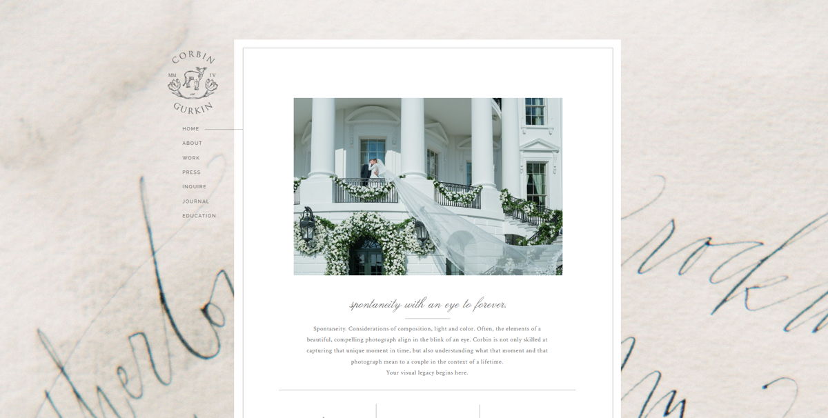 Screenshot of Corbin Gurkin, from the wedding photography websites collection.