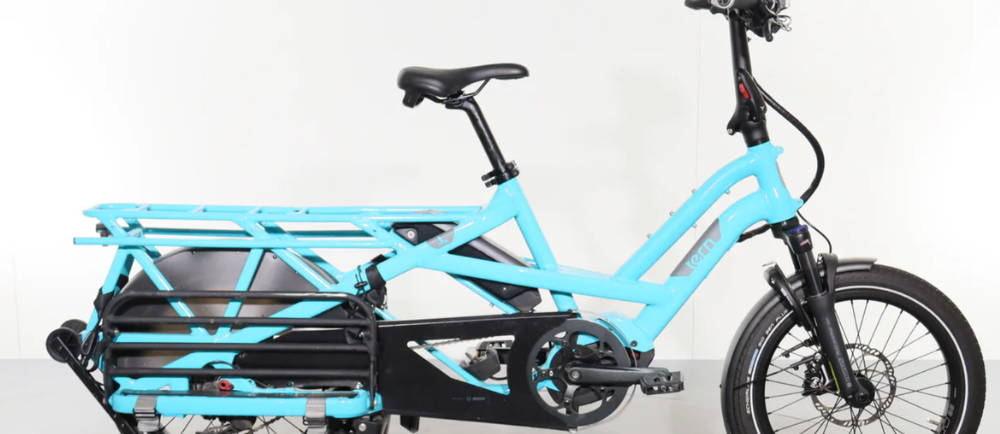 A blue Tern GSD S10 electric cargo bike