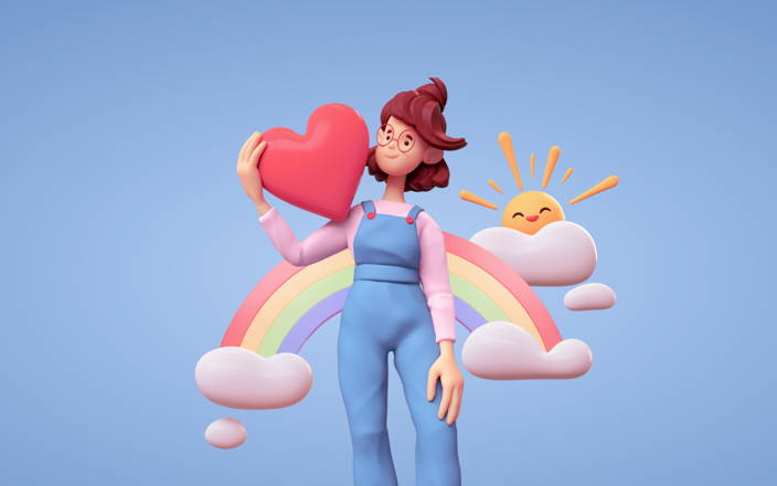 A person holding a big heart on their shoulders in front of a rainbow and a smiling sun for Confetti's Virtual Mental Health Workshop for Employees