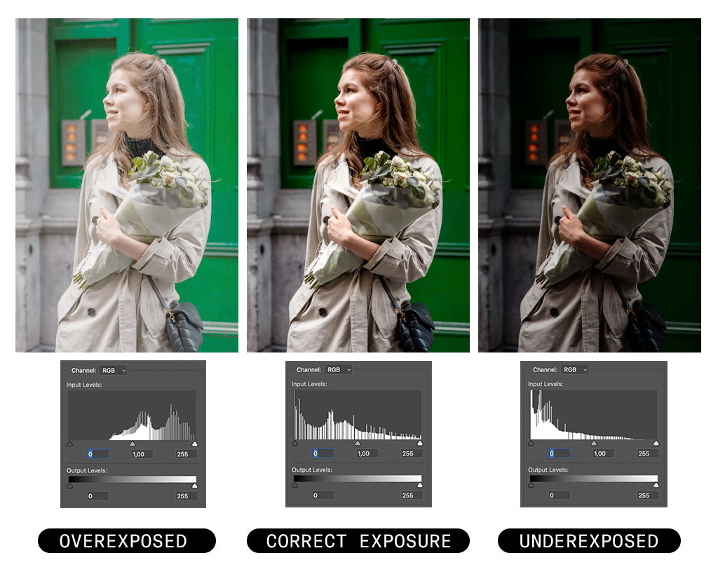 Image histogram comparison: overexposure, underexposure, correct exposure