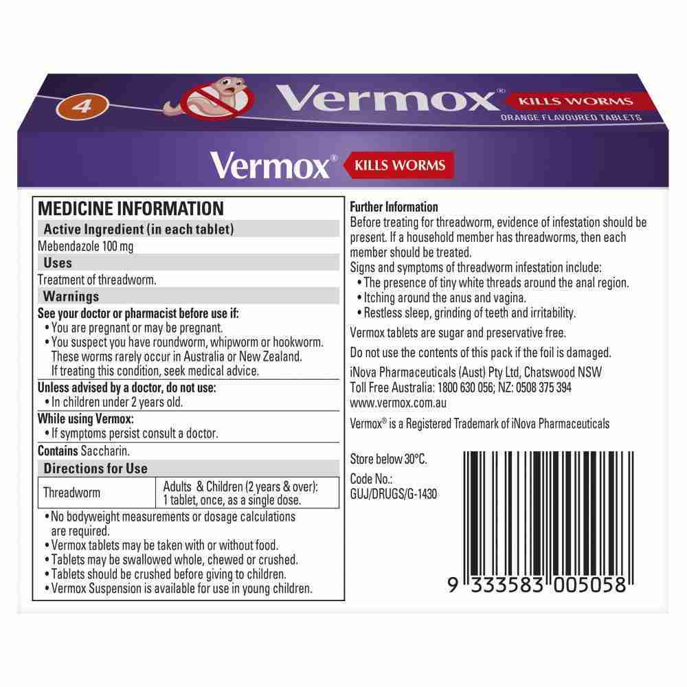 Vermox Worming Treatment Orange 4 Tablets - Image 5