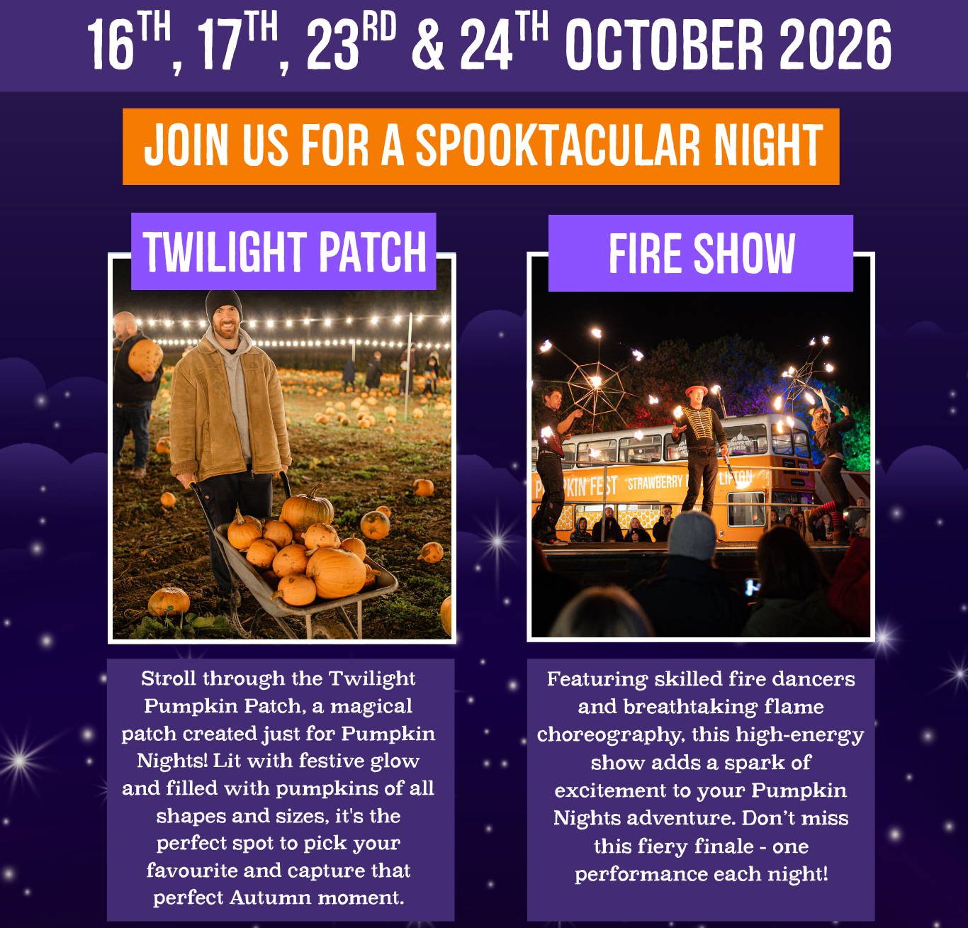 Experience Pumpkin Nights at Strawberry Fields, Lifton – glowing twilight pumpkin patch, live music, entertainment & fire show. A magical autumn evening in Devon!