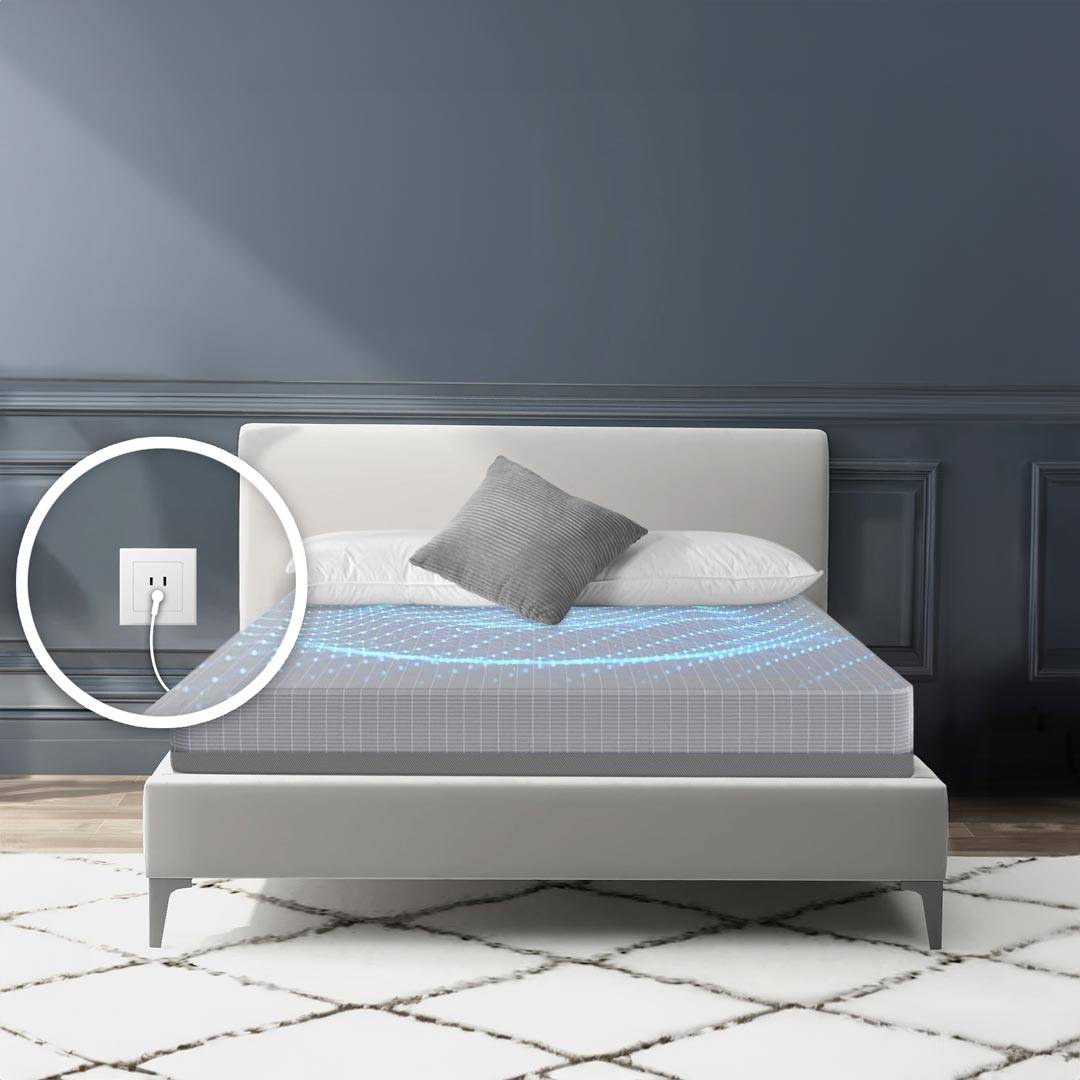 Bed with a connected smart mattress displaying temperature control feature.