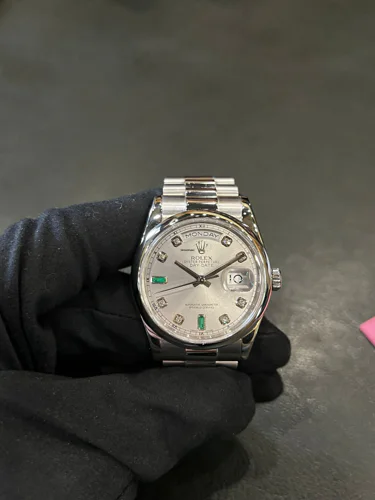Rolex Day-Date 36 Silver Dial Diamonds Emeralds