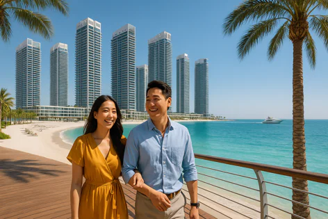 Happy couple walks arm-in-arm on boardwalk by sandy beach with modern skyscrapers, turquoise water, and yacht in background.