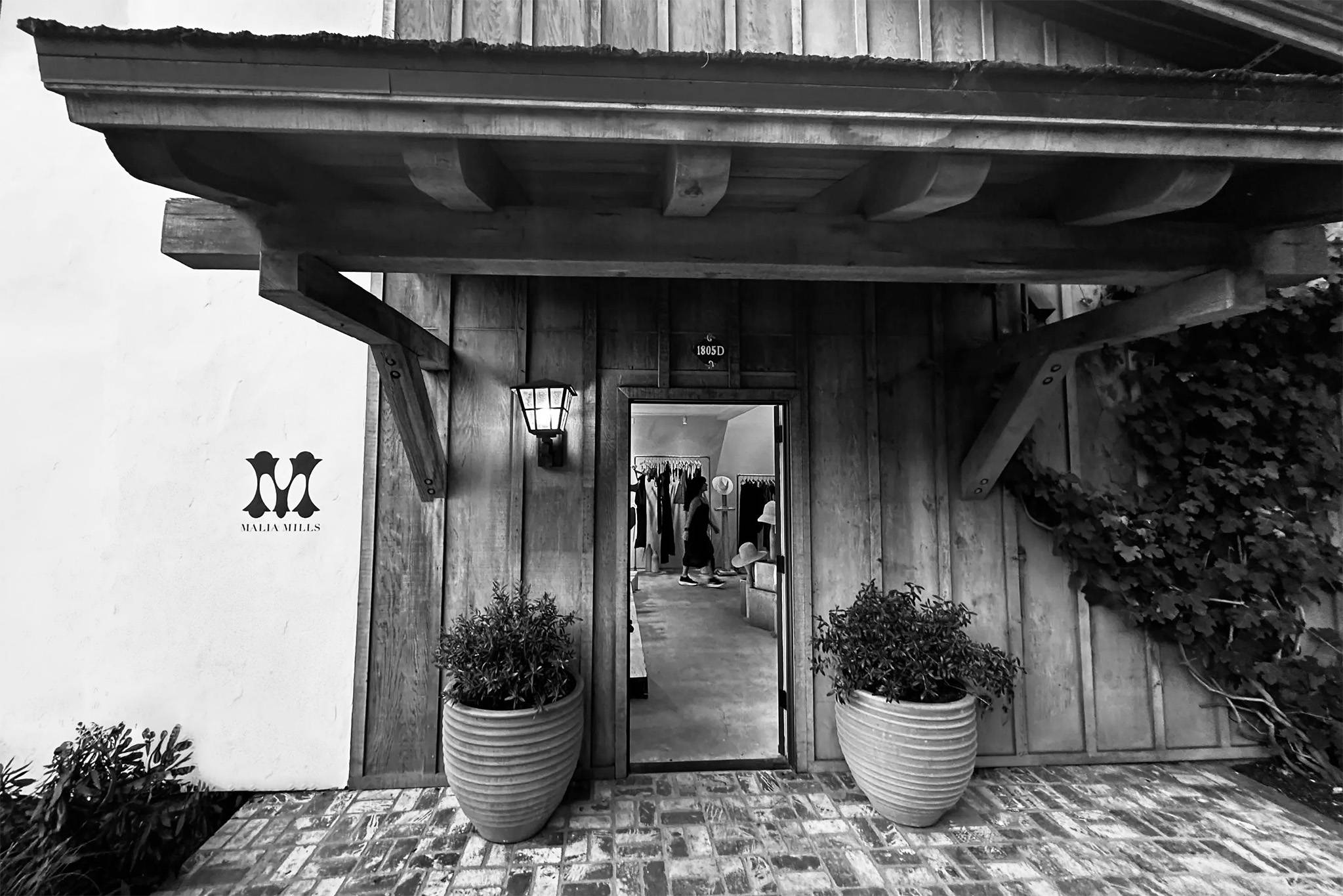 Exterior of the Malia Mills swimwear boutique at the Brentwood Country Mart in Los Angeles