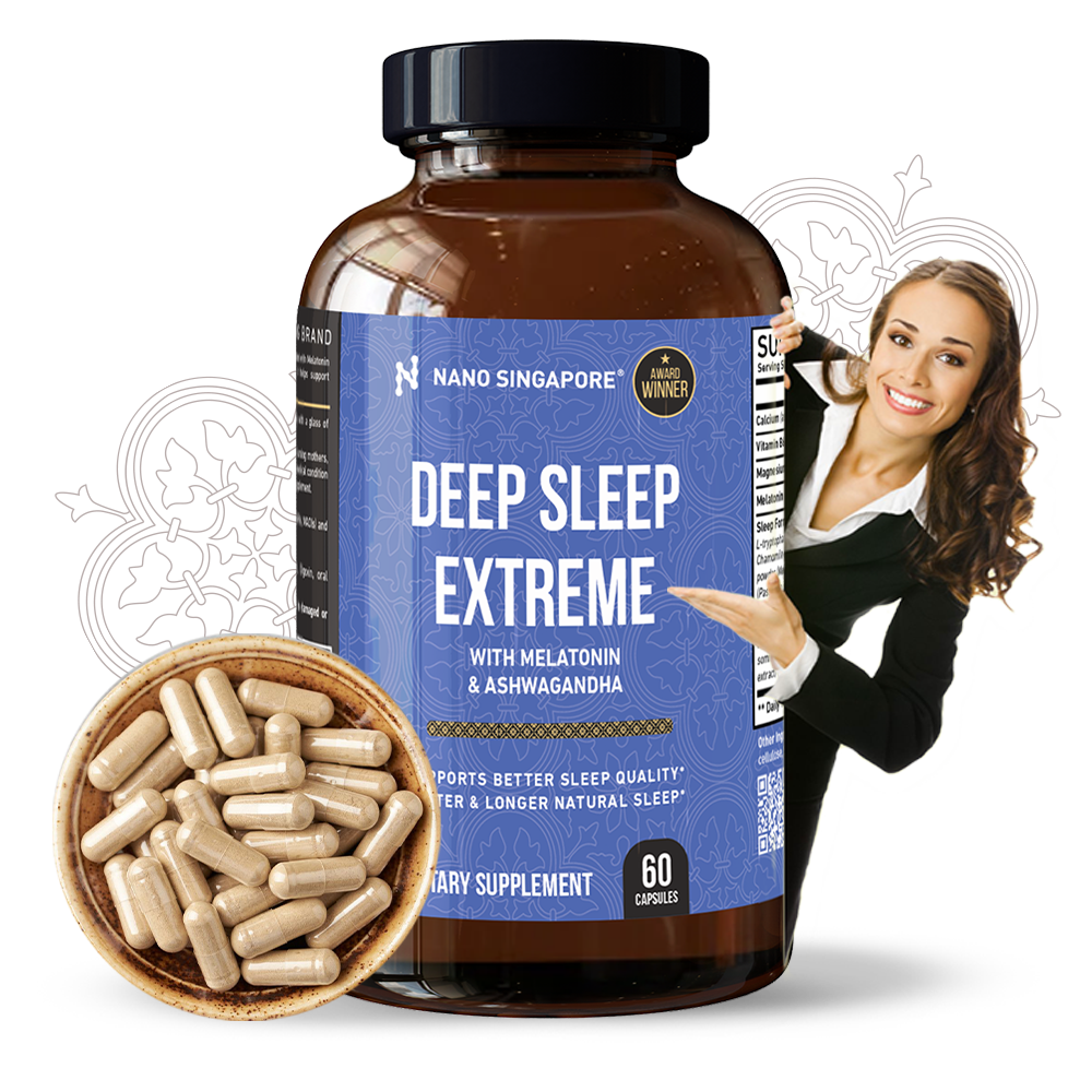 A woman behind a bottle of Nano Singapore's best ashwagandha supplement