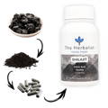 Shilajit supplement from The Herbalist featuring raw resin, powder form, and final capsule product for vitality, longevity, and fulvic acid benefits.
