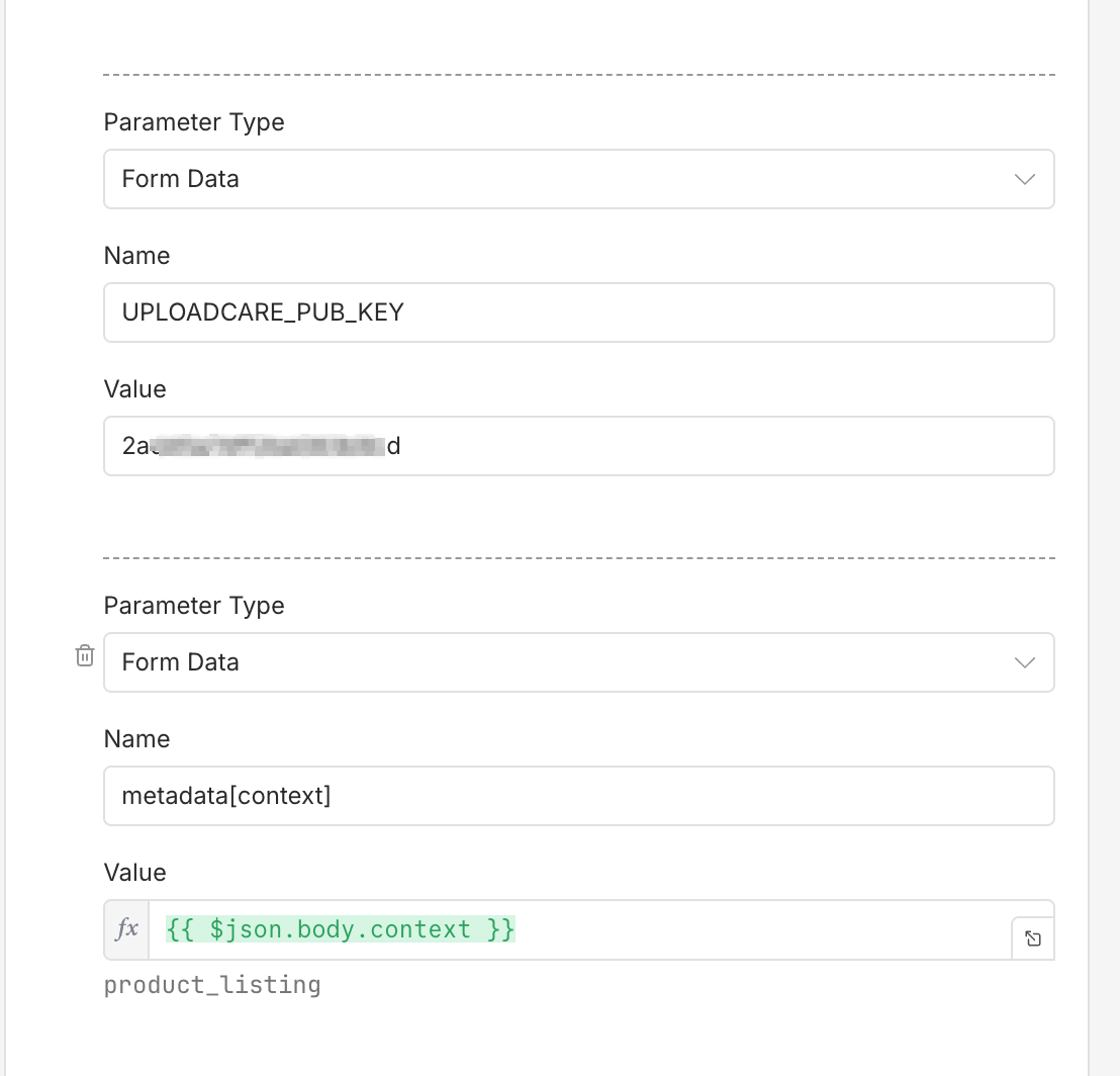 n8n HTTP Request node with Uploadcare parameters