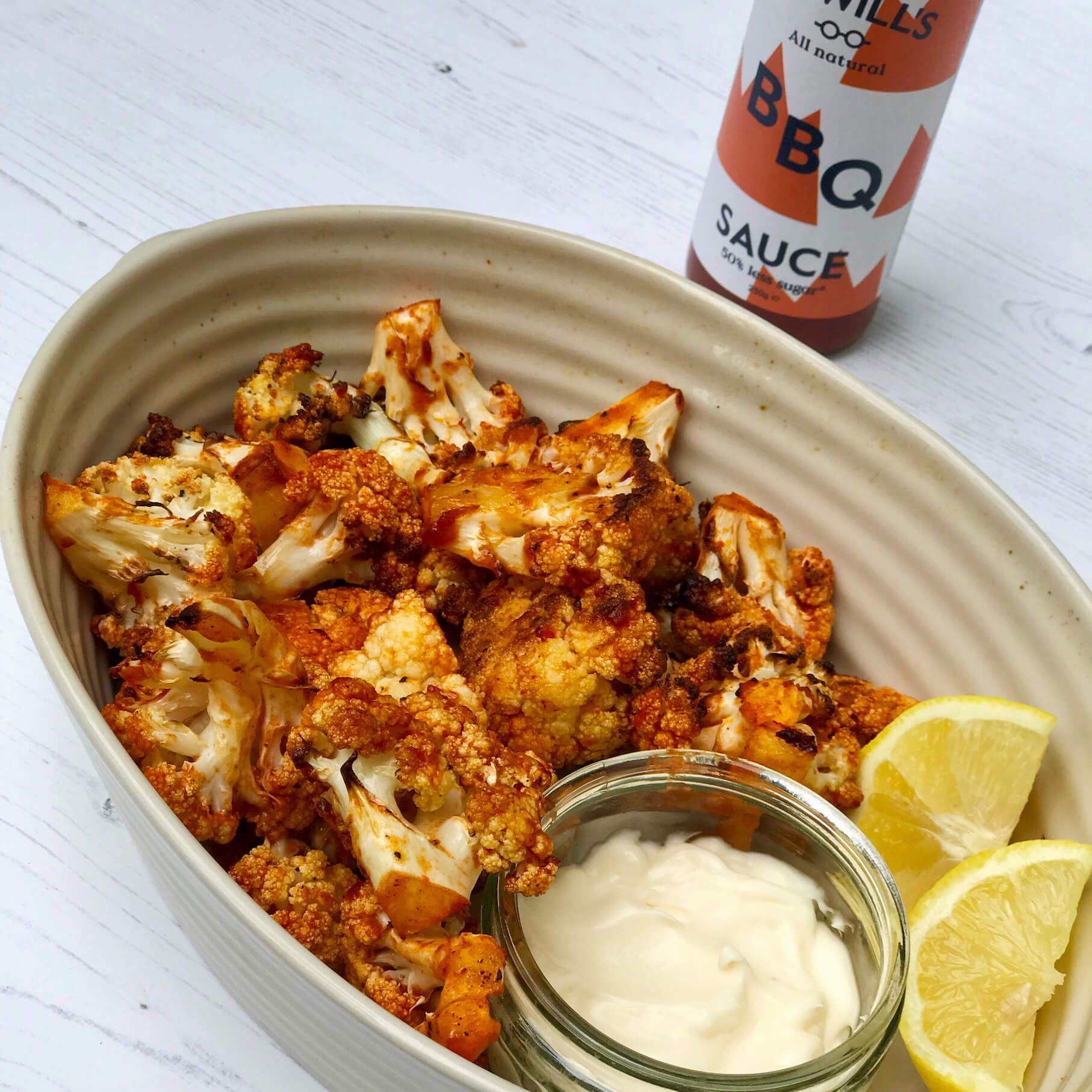 Dr Will's Cauliflower Buffalo Bites with Lemony Mayo and BBQ Sauce