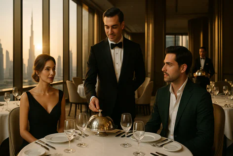 Elegant couple receives service from a waiter presenting a cloche dish at a fine dining restaurant overlooking a city skyline at sunset.