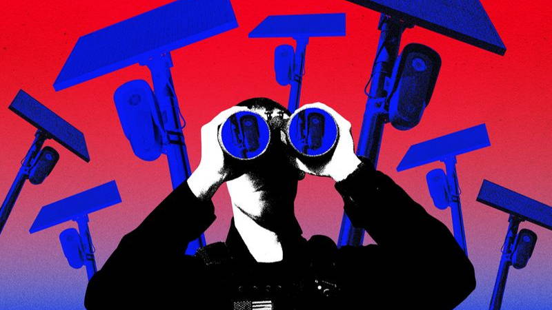 Police officer using binoculars and flock cameras to track people