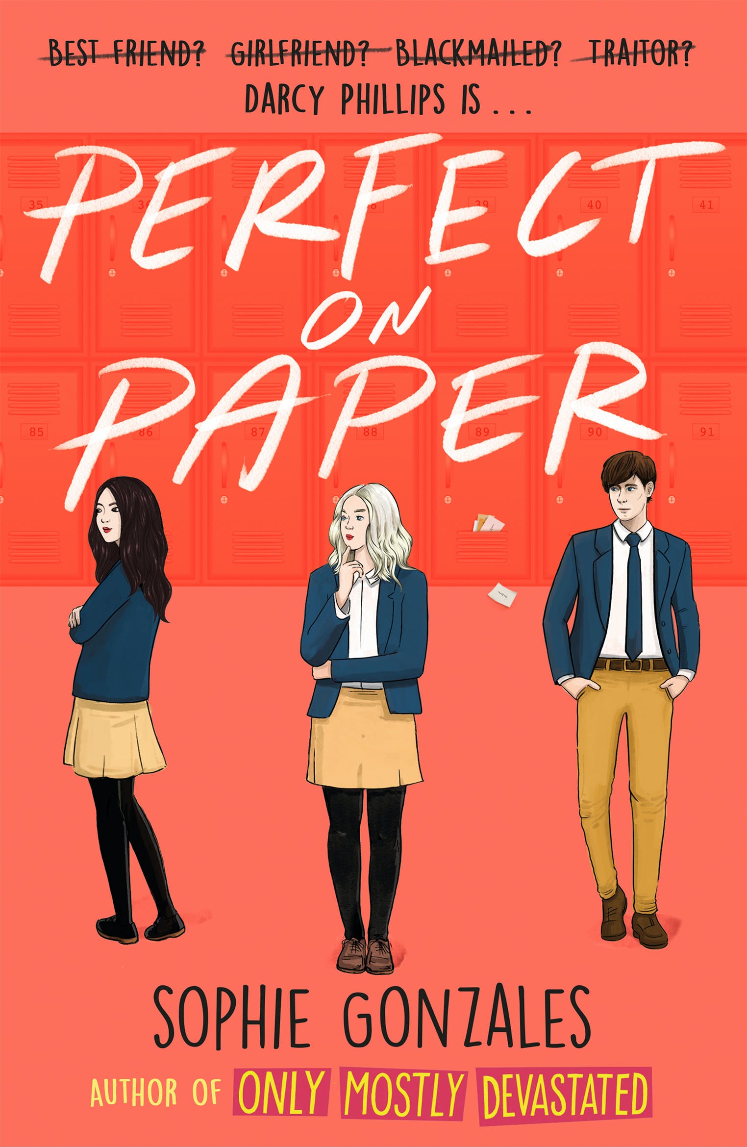 Book cover featuring the three main characters in their school uniform in front of the lockers.