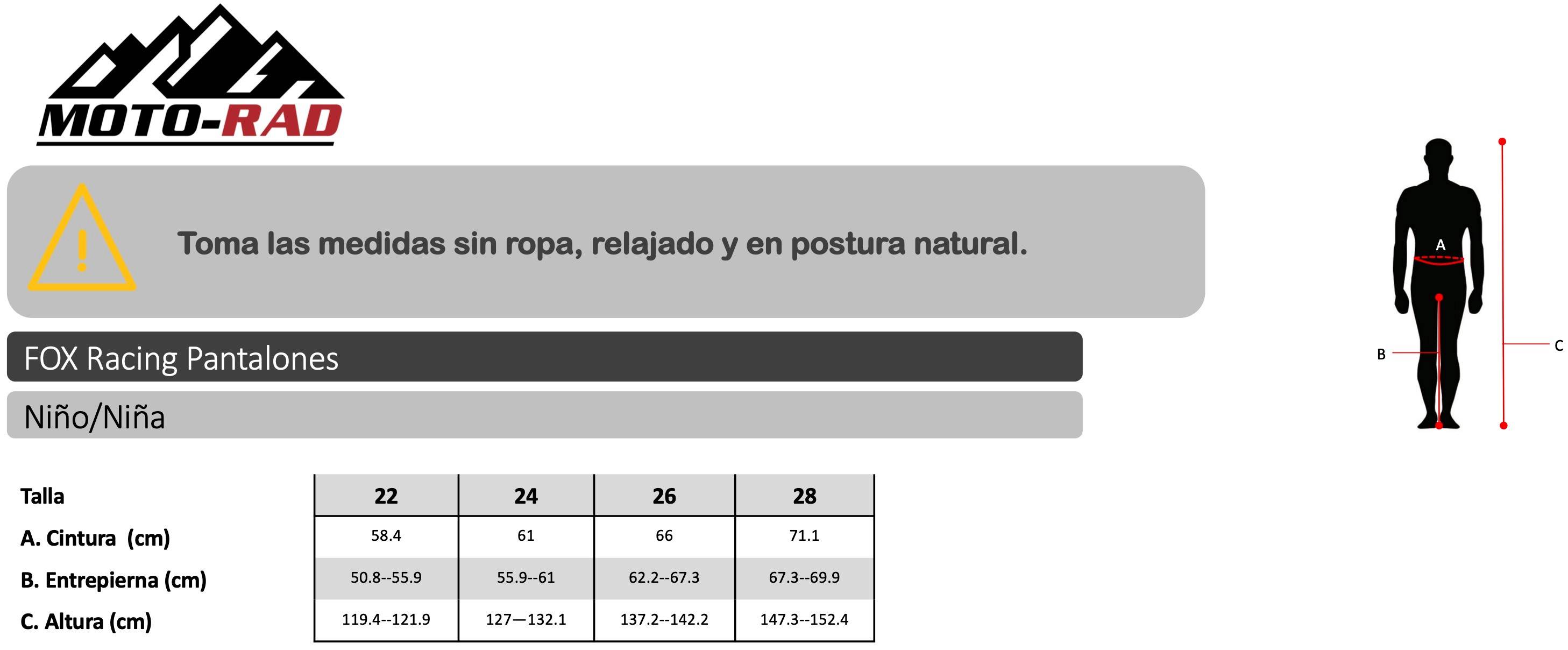 Guia de Talla Pantalones Niño Fox Racing