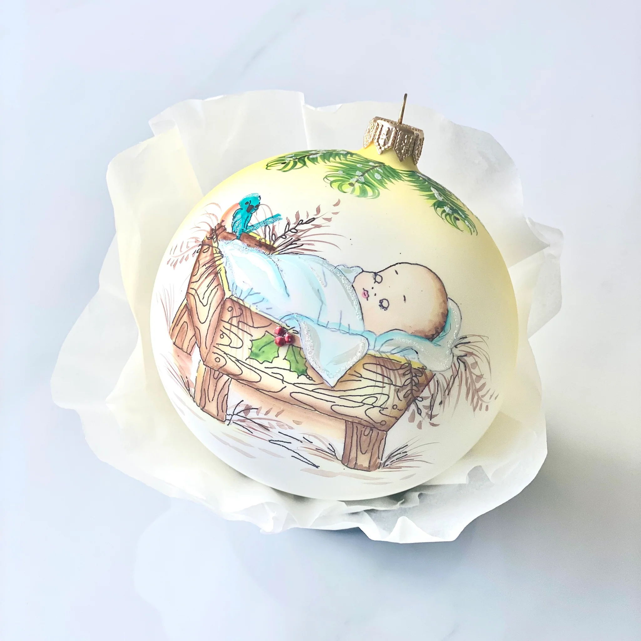100mm Baby Jesus in crib hand painted bauble