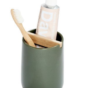 iDesign Ceramic Earth Collection Toothbrush Holder with Paulownia Wood Divider, Moss/Natural Wood