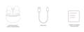 desenhos sobre conteúdo da caixa: um par de fones e case carregamento, cabo USB-C e Manual do usuário