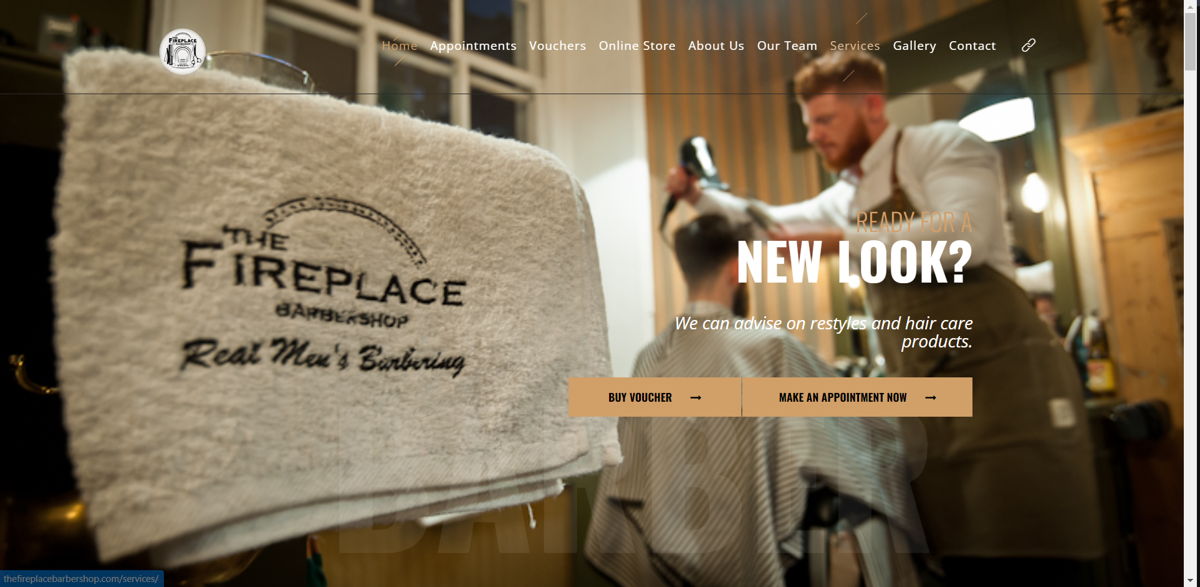 Screenshot of The Fireplace Barber, from the barber & barbershop websites collection.
