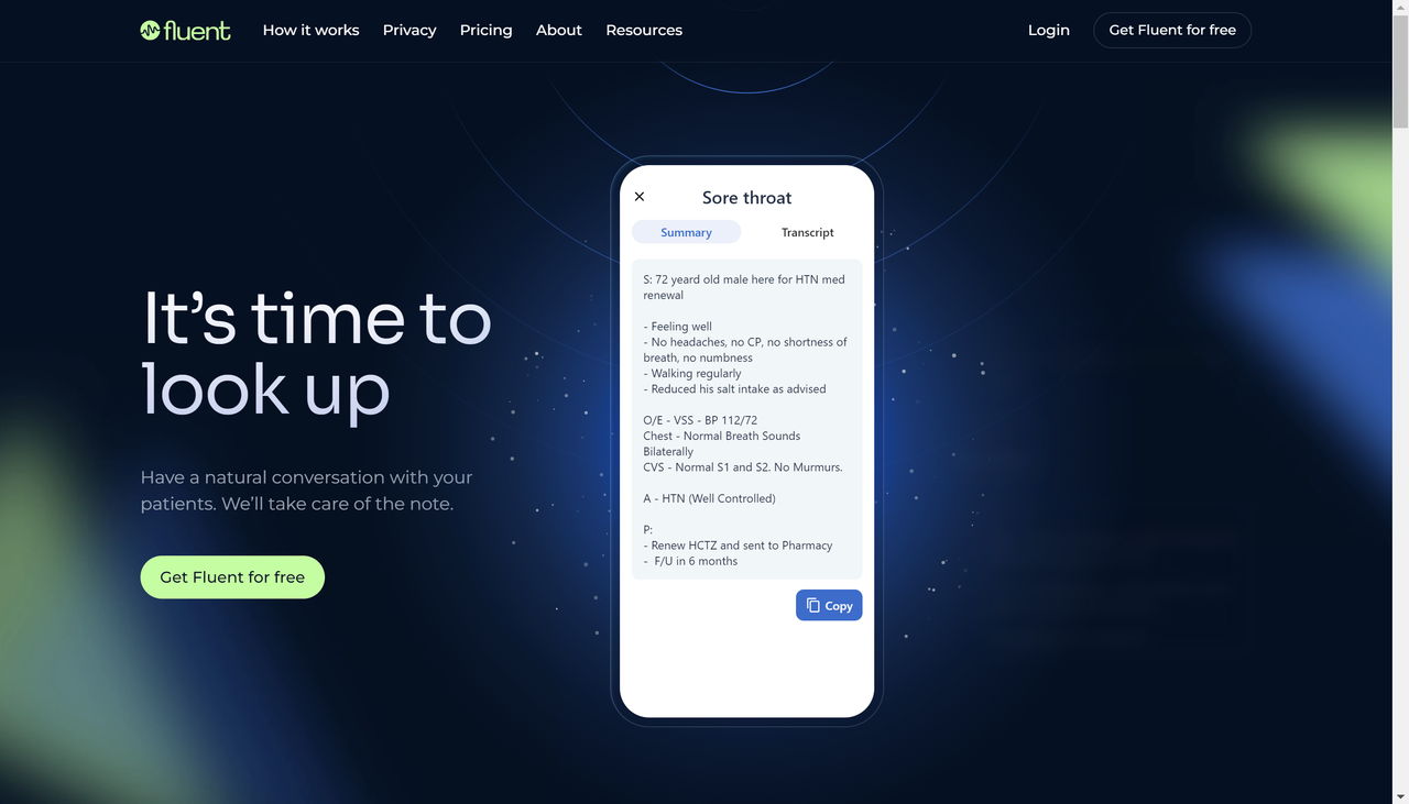 Screenshot of Fluent's website landing page, an AI scribe