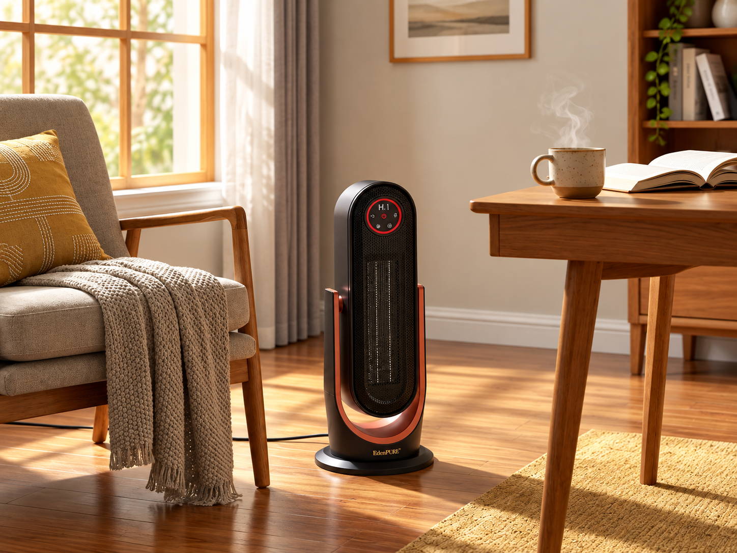 EdenPURE space heater providing targeted supplemental warmth in a cozy home reading area