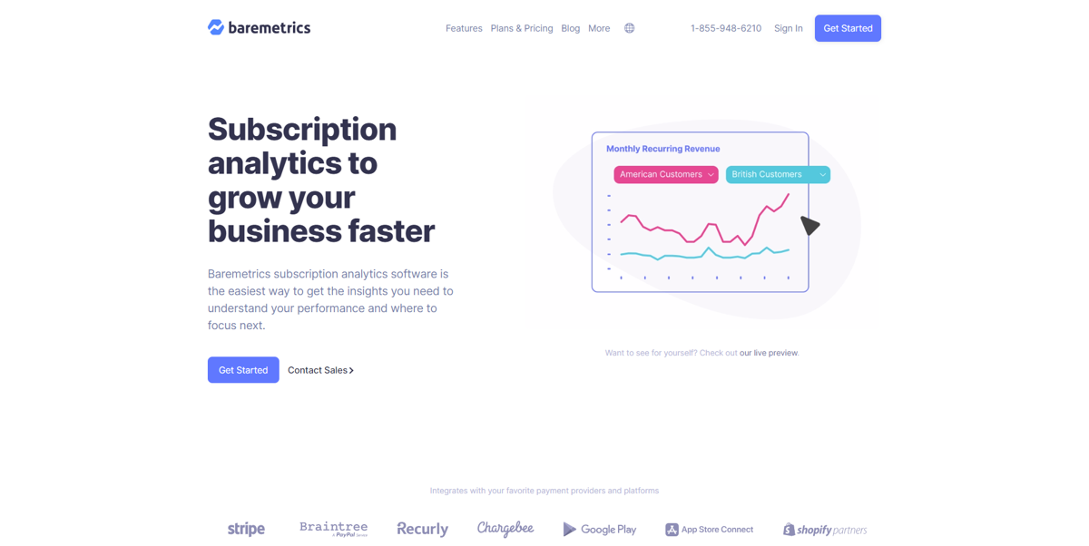 Screenshot of Baremetrics, from the saas websites collection.