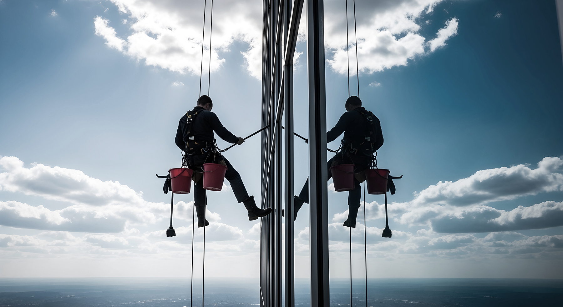 A window cleaner in a harness and helmet is suspended on the side of a tall glass building, reflected in the windows, with blue sky and clouds in the background. Two red buckets hang beside the worker.