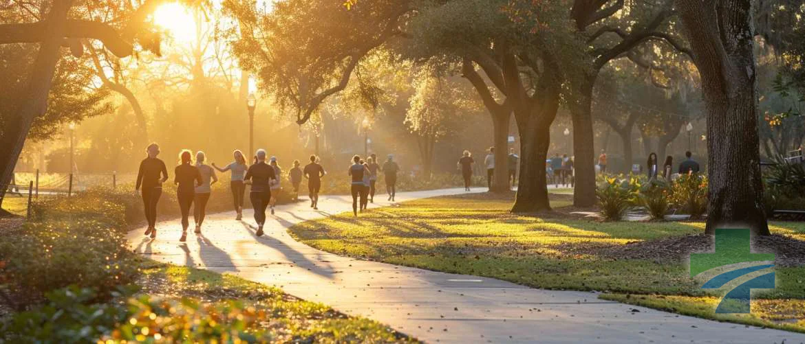 Diverse group enjoying various exercises in a serene park at dawn.