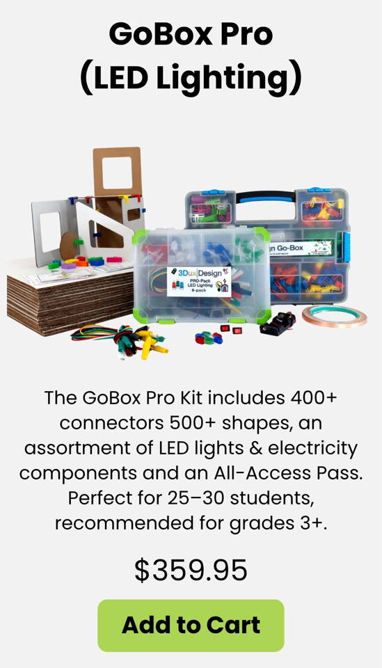 The GoBox Pro LED Lighting Kit includes 400+ connectors 500+ cardboard shapes LED bulbs circuits wires switches and electricity components plus an All Access Pass for STEM projects. A complete hands on engineering and design thinking kit for grades 3+ perfect for classroom makerspace PBL activities architecture modeling circuitry lessons and creative problem solving for 25–30 students.
