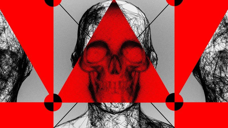 A pixelated skull overlaid on a figure representing an AI model