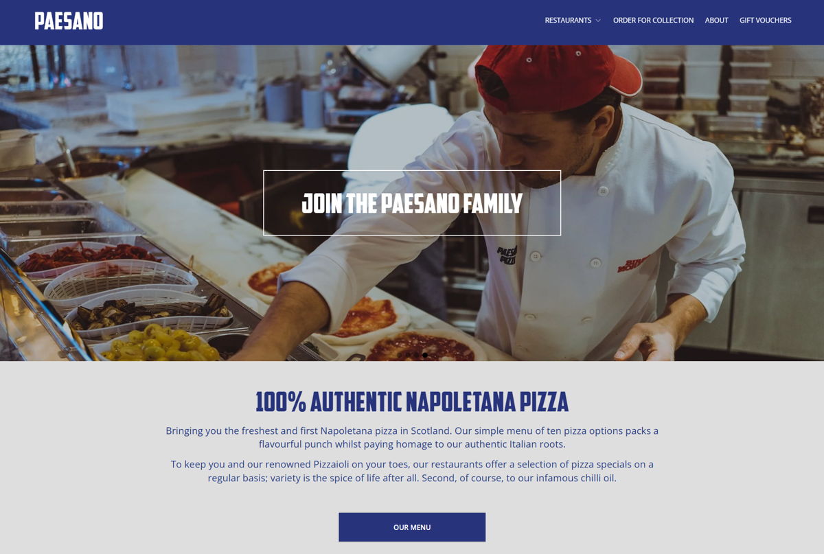 Screenshot of Paesano Pizza - , from the pizza place websites collection.