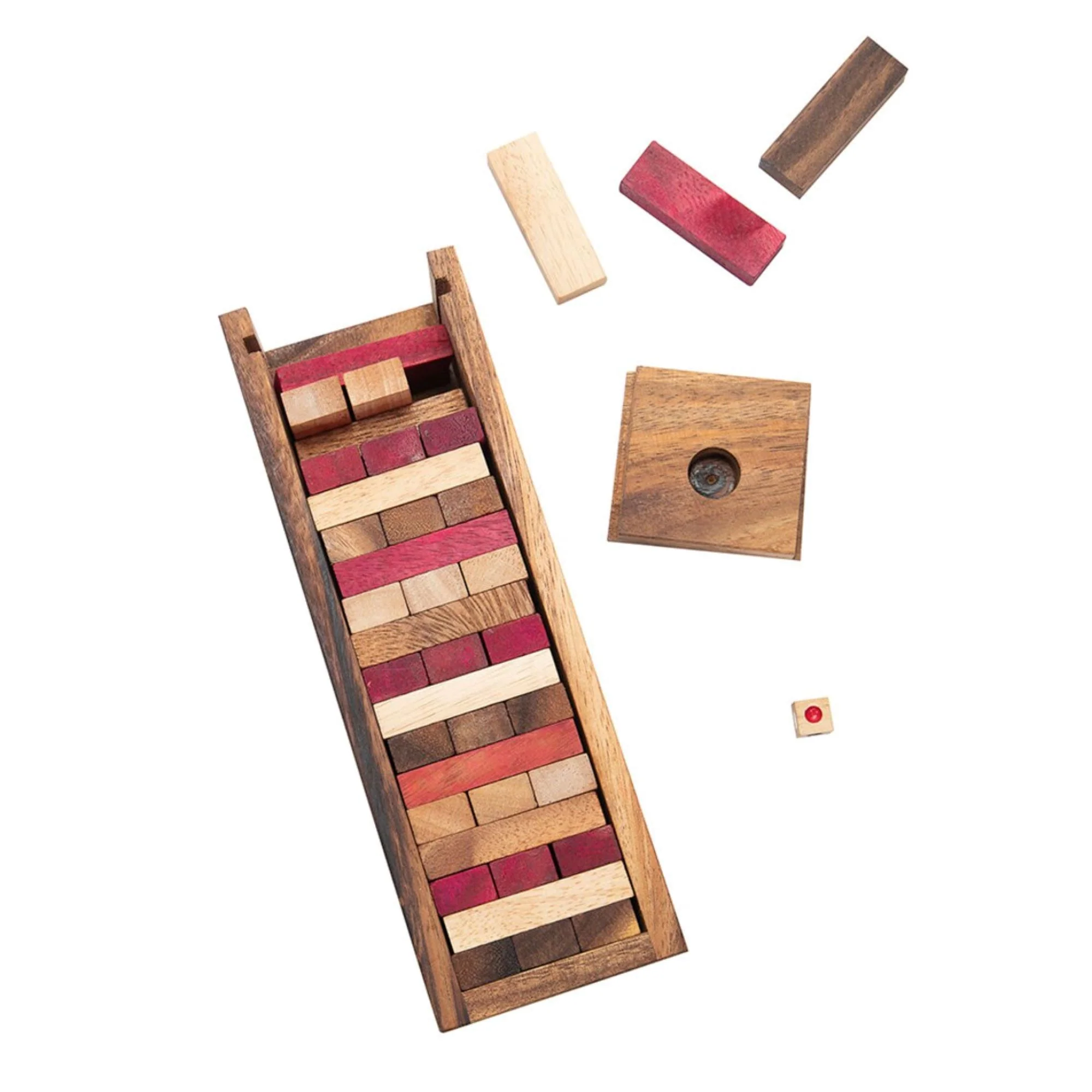 Stacking tumbling blocks wood Red colours balance game with dice play options handmade stacking Fun Board Games Kids Ages 4 to Adults - Image 5
