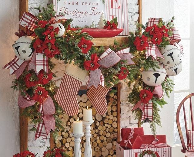 raz imports rustic farmhouse Christmas decor mantle garland with poinsettias