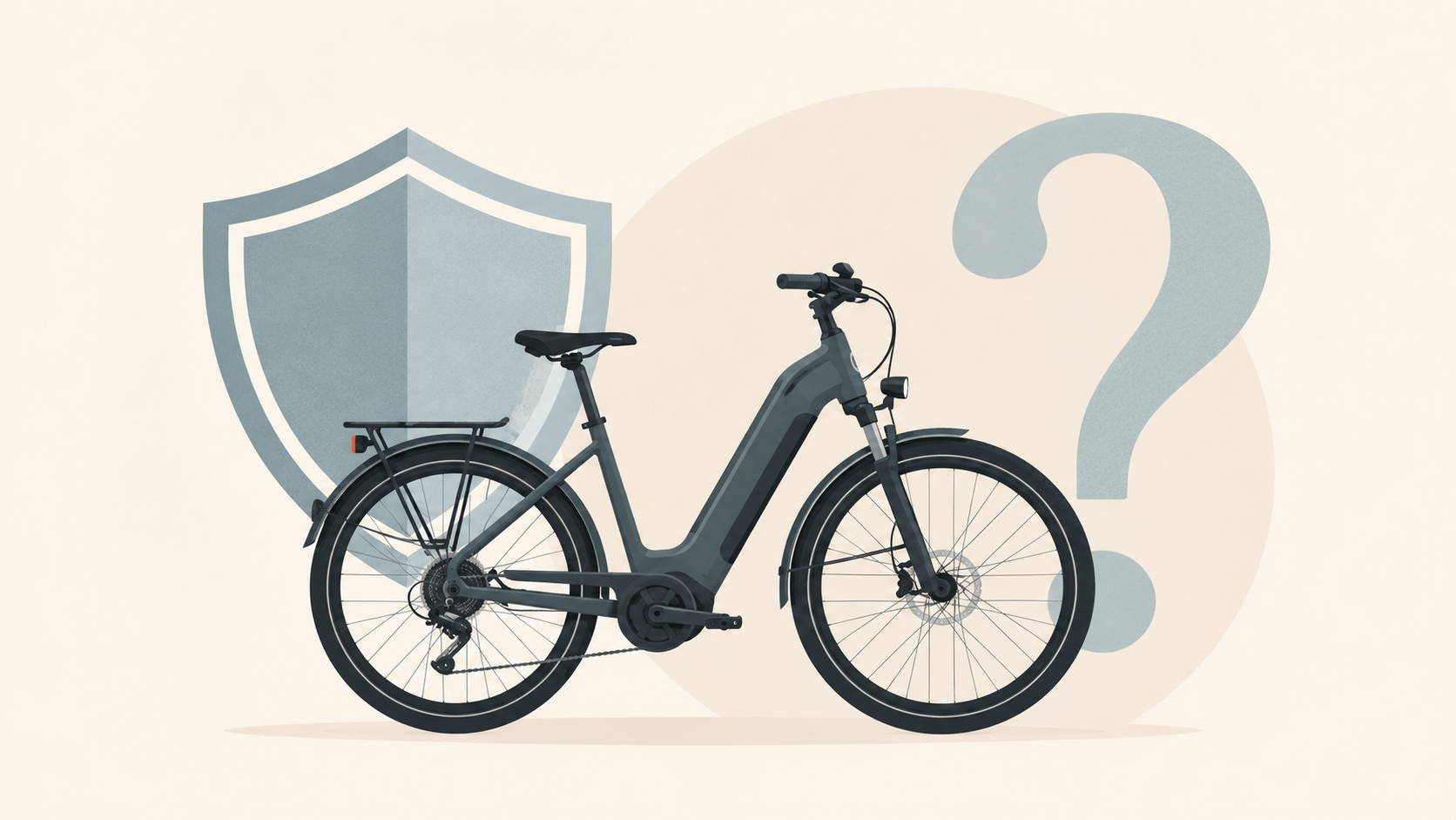 Illustratie van een e-bike met een schild en vraagteken als symbool voor de keuze om een e-bikeverzekering af te sluiten.