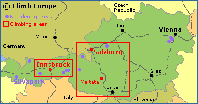 Map showing the main rock climbing and bouldering areas in Austria