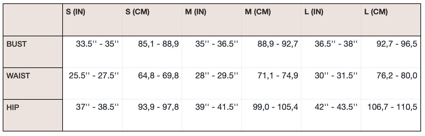 women's size guide bodysuits