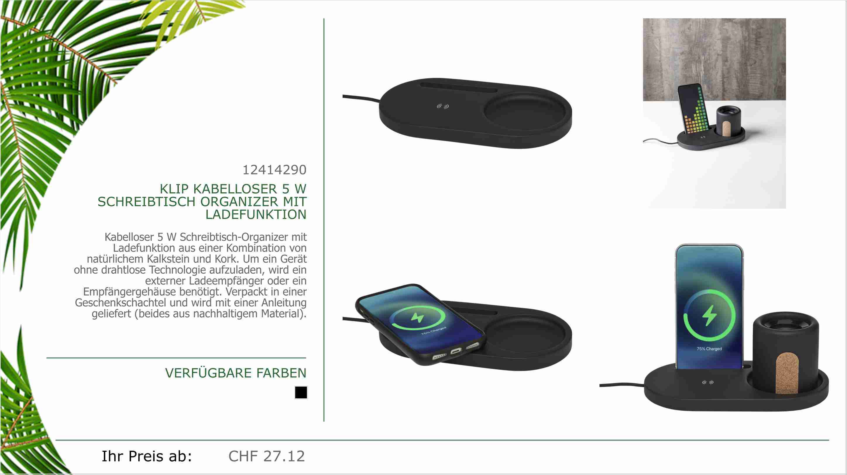 Kabelloser 5 W Schreibtisch-Organizer mit Ladefunktion aus einer Kombination von natürlichem Kalkstein und Kork. Um ein Gerät ohne drahtlose Technologie aufzuladen, wird ein externer Ladeempfänger oder ein Empfängergehäuse benötigt. Verpackt in einer Geschenkschachtel und wird mit einer Anleitung geliefert (beides aus nachhaltigem Material)