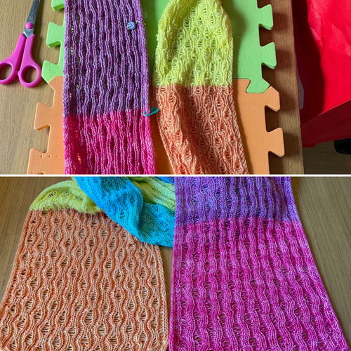 Knitted scarf Yvonne with dropped stitches and i-cord edge.