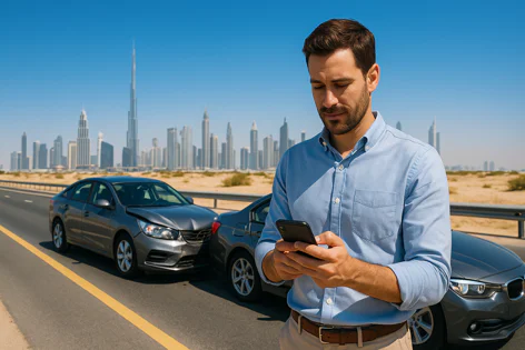 A man uses his smartphone standing by two cars involved in an accident on a highway, with the towering Dubai skyline in the background on a sunny day. He is likely reporting the incident.