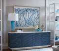 Navy sideboard covered in grass cloth.