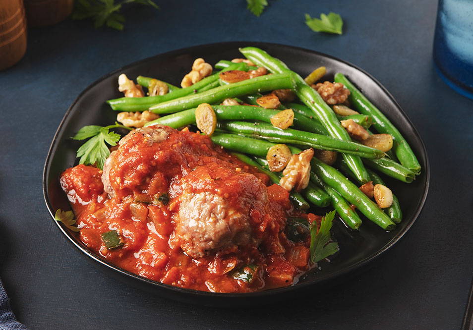 Italian Free-Range Turkey Meatball Cacciatore with Garlicky Green Beans